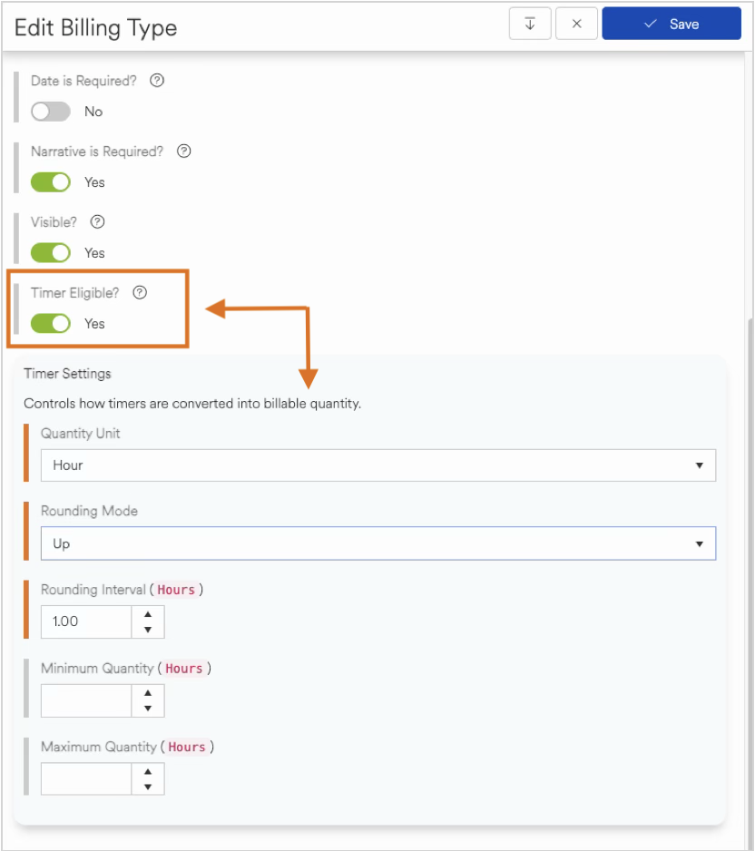 Settings for billing type with timer eligibility and quantity unit options highlighted.